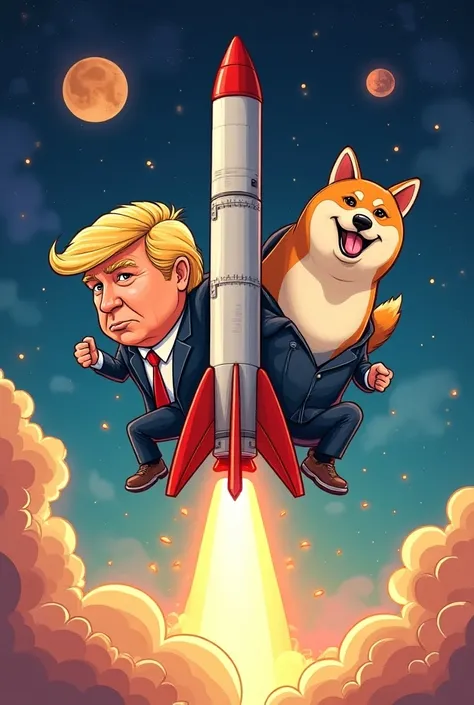 Trump and Elon Musk with Doges dog riding a Space X rocket in a cartoon version