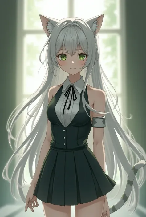 18 years old, long silver-white hair down to her back. She has a long face, light green eyes,  long eyelashes. beautiful, very thin nice boobs, athletic and strong legs , she wears a tight and sexy JK school uniform, cat ears and tail. elegant 