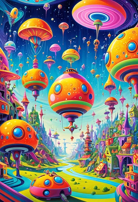 Boxy, compact, surreal world paintings, futuristic, wacky, fanciful, psychedelic, best image quality.