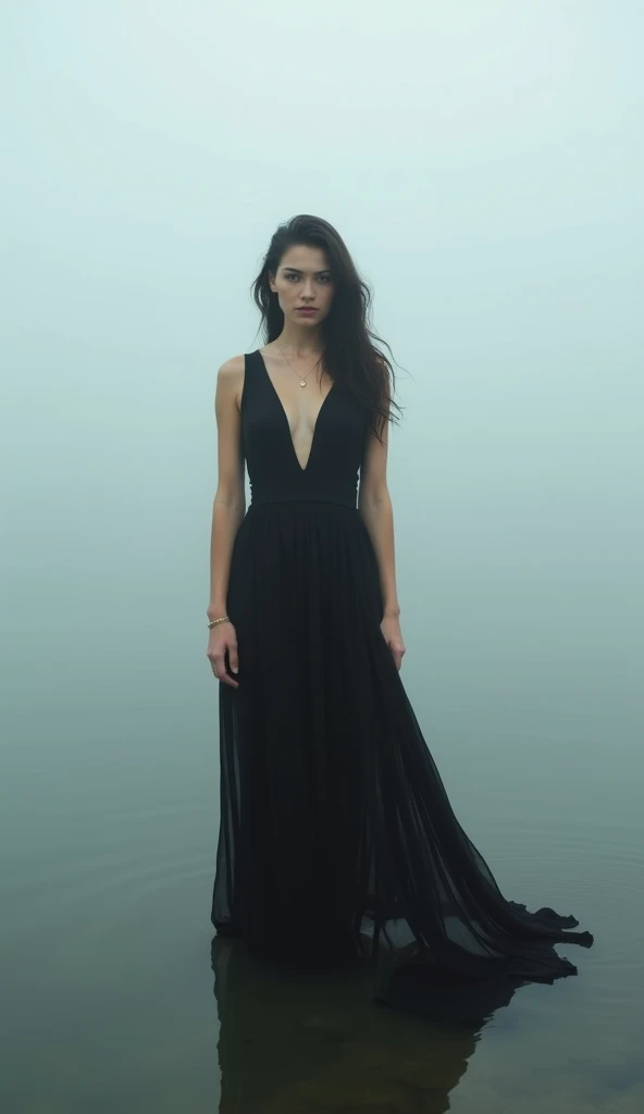 Create a photograph that captures a dark-haired Chilean-German woman in her 30s standing in shallow water, dressed in a long black dress that flows gently around her. The woman should have a serene and contemplative expression, with her hair loosely blendi...