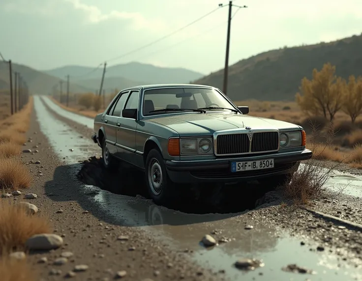 a car going through a pothole in a road