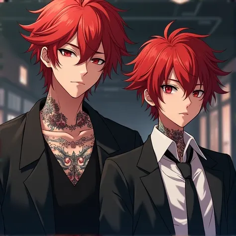  Creates the anime-style boysloves image of two red-haired Korean-style brothers they are very similar but one is older and taller and the other is younger and shorter, both have quirky styles , And they have the same Mafia tattoo that they are part of, th...