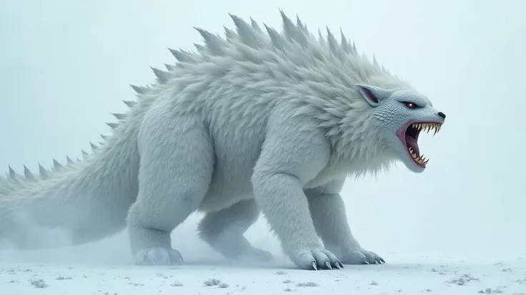 photorealistic angry giant hybrid creature combining the elements of Godzilla and an arctic fox, full view, snow background