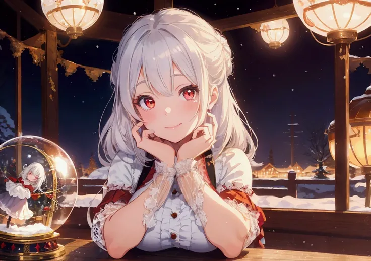 "Create an anime-style illustration featuring a woman with white hair, large red eyes, and a warm smile. and is wearing a lacy, vintage-style outfit with ruffled sleeves. The girl is resting her hand on a table, gazing at a magical-looking snow globe. Insi...