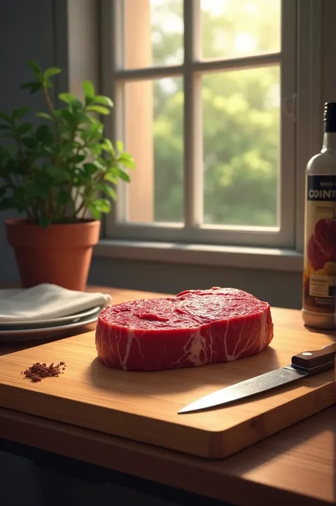 Still life drawing with window in the background, a wooden board and a steel knife with steak for dinner. 