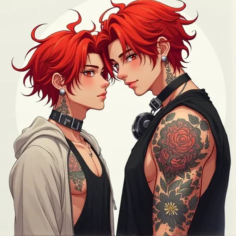  Creates the BoysLoves anime style image of two red-haired Korean-style brothers they are very similar but one is older and taller and more masculine (adult) And the other one is younger and shorter  (19 years old), both have quirky styles ,  and they have...