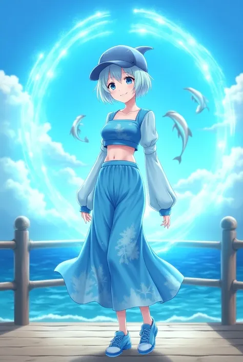  Young adult female character from Shounen style anime with short hair Chanel light blue , bright blue eyes, happy and hopeful expression,  she wears a dolphin cap , light blue long gloves ,  long blue flowing skirt with water print,  cropped blue with flo...