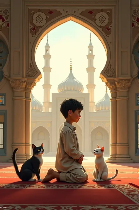 A boy is going to pray in the mosque with two cats