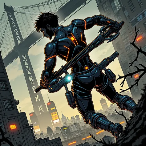 “Create an action-packed scene featuring a manga-style character inspired by the Gantz series, with influences from the style of Nobuo Muroya. The character is in a dynamic, intense pose, wearing detailed high-tech armor with a sleek, futuristic design tha...