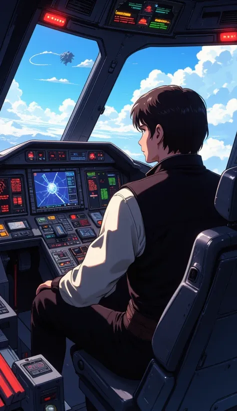 Han solo no cockpit da milenium falcon.
Visto por tras.
anime style 32K, HDR, UHD, intricate detail, extremely intricate detail, hyperrealistic, extremely realistic, high quality, vivid color, extremely detailed.