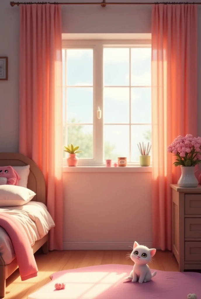 Generate an animated background showing the bedroom of a young woman who likes to do makeup,  only the bedroom should come out , Let no people come out ,  place an animation of a kitten on the floor on the right side 