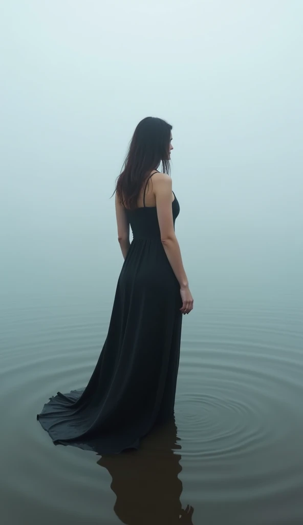 Create a photograph that captures a dark-haired Chilean-German woman in her 30s standing with her back turned in shallow water, dressed in a long black dress that flows gently around her. The woman should have a serene and contemplative expression, with he...