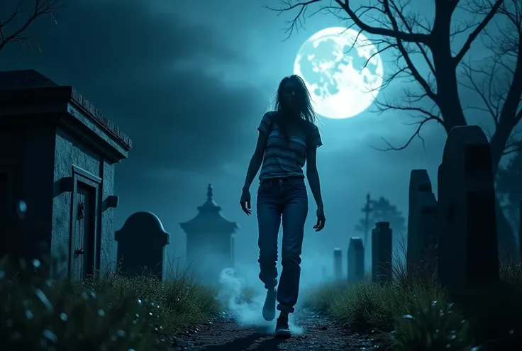 a zombie woman walking in the old cemetery, the woman is dressed in jeans and a blue and white striped blouse, Noche de luna llena.