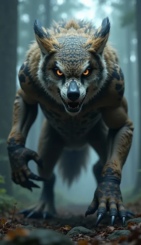 "A terrifying hybrid creature, combining the features of an owl and a wolf, facing directly towards the screen with an intense, predatory glare. This creature has the large, round eyes and feathered facial disk of an owl, with a sharp, hooked beak, seamles...