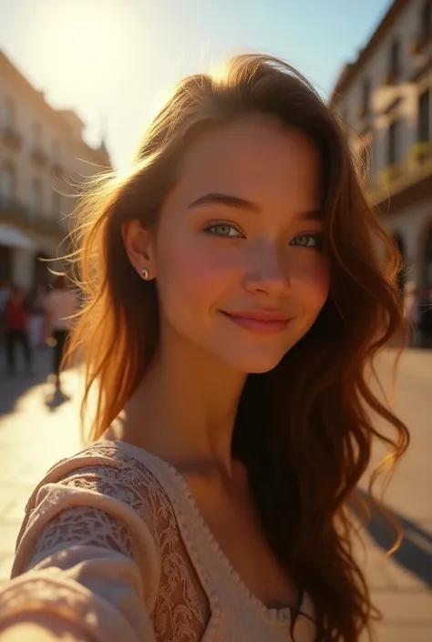 pretty girl,  brown hair , and blue eyes, smiling, taking a photo of herself, 8k, realistic, in front of a square in the center, with the sun hitting her face .