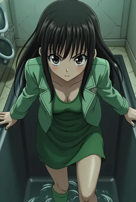 {{{mouri ran}}},{{{Detective Conan}}},{{{long hair}}},{{{official style}}},{{{adult}}},green dress,one-piece dress,turtleneck,green miniskirt, {light green cropped jacket},{light green cropped jacket},green socks,,sink,laundry,kitchen,bringing upper body t...