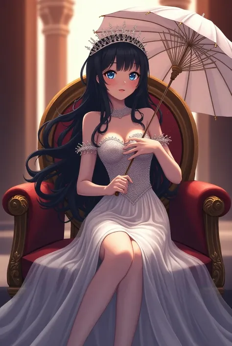 I want to make an anime picture, a beautiful princess is sitting on a royal chair, carrying an umbrella, wearing a sexy dress, and wearing a crown, blue eyes long black hair, background of royal pillars