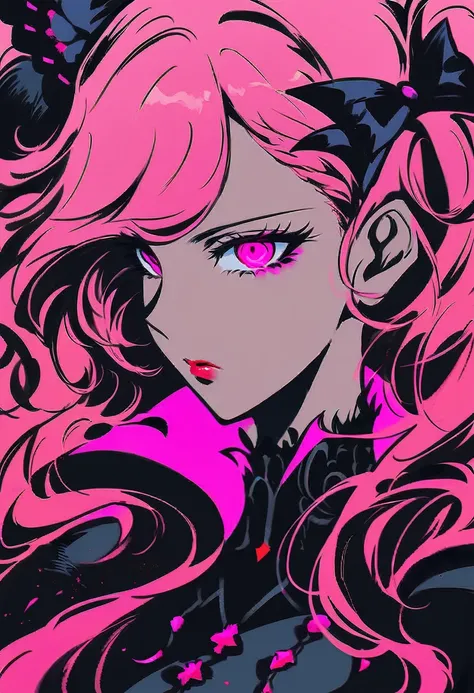 a close up of a woman in a black and pink outfit, digital art from danganronpa, gothic maiden anime girl, persona 5 art style wlop, shalltear from overlord, inspired by Li Chevalier, junko enoshima from danganronpa, villainess, cushart krenz key art femini...