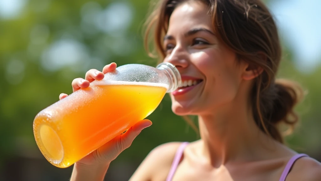 Wide-angle shot of a person outdoors, mid-drink from a clear plastic bottle of a hydrating beverage. The person appears refreshed, their expression showing enjoyment as they drink. The bottle’s condensation and the vibrant color of the liquid are visible, ...