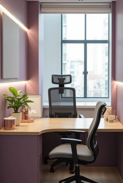 
“A high-resolution, highly detailed image of a beautifully organized office workspace viewed directly from the front of the desk. The workspace features a wooden desk with a glass top, without visible drawers, with purple partitions on both sides of the d...