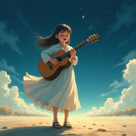  The scene is so beautiful 、 Its a memorable image 。 the sight of a girl singing while playing an acoustic guitar 、 It will give you a sense of serenity and purity in solitude 。 by looking at it from a 、 it also expresses youth and purity 。 that skirt flut...