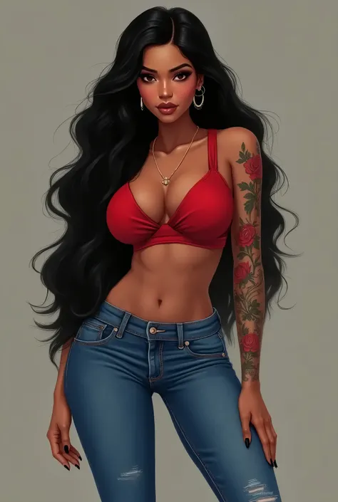 Ebony Female, 5 feet 11 inches, Caramel Skin, BBW with Long Black Wet and Wavy Hair, with a side part tattoo of roses on left forearm with hazel eyes, wearing a red wrap around crop top with blue jeans and  clear sandals long lashes medium coffin shape nai...