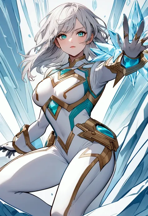 White-haired girl with blue-green eyes wearing white superhero style clothing with golden lines with ice powers 