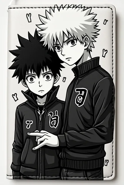 Image of anime Gon and Killua together as a colorless laser engraving only black for a black wallet cover for a boyfriends gift where both characters look epic and original vertically the image has to be