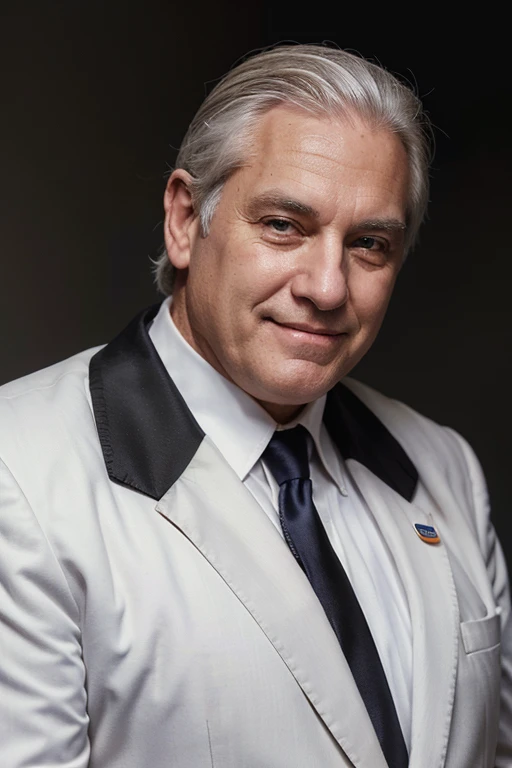 an older Caucasian man of about 60, white hair, wrinkles, black suit jacket, white shirt, somewhat overweight, broad shoulder, soft grin, american flag lapel pin, congressman, portrait