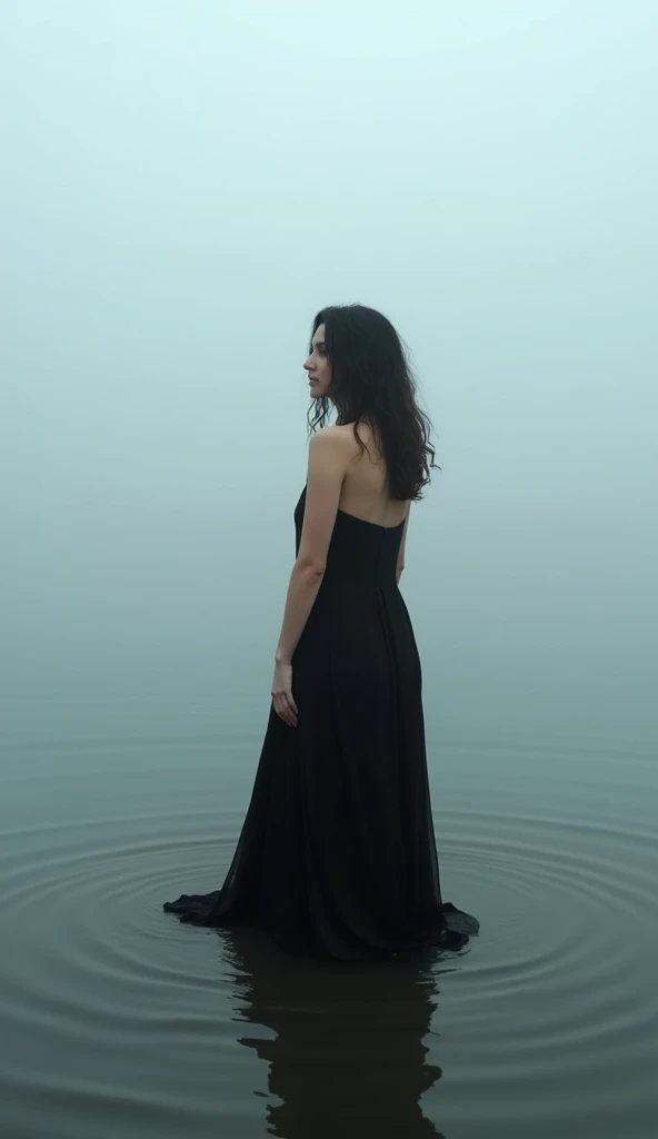 Create a photograph that captures a dark-haired, fair-skinned, Chilean-German woman in her 30s standing with her back turned in shallow water, dressed in a long, flowing black dress that gently flows around her. The woman should have a serene, contemplativ...