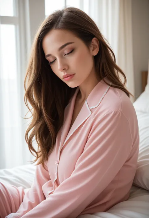 a sleeping girl, 22 years old, realistic, long pants, pink pajamas, brown hair, beautiful detailed eyes, beautiful detailed lips...