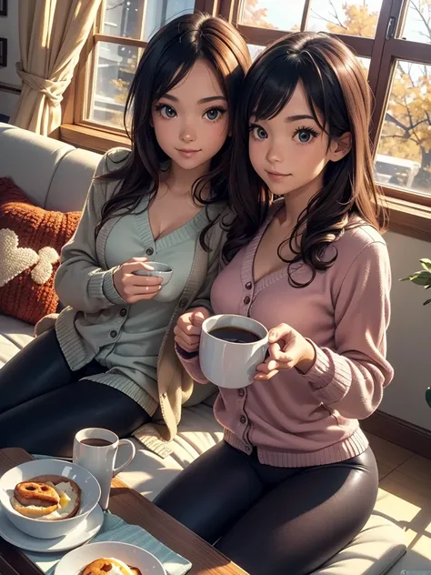 Two Womens .sky.window (8k)  Inside  room. autumn. heart. Yarn  Cardigan. Pajama. Under low camera angle.  Selfee. ( leggings)mug. Sofa. mug. (breakfast)table