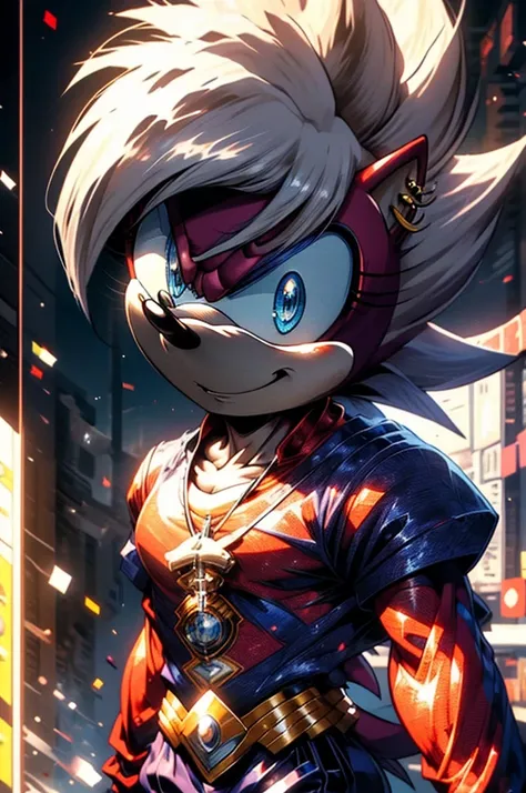 (anthro furry:1.2), best quality, (masterpiece),(ultra-detailed), (high quality), (high resolution), 1boy, solo, male, modern sonic. hedgehog, (grey fluffy fur, hedgehog ears, blue eyes, detailed eyes, gold hoop ear ring), (grey jacket, green pants, gloves...