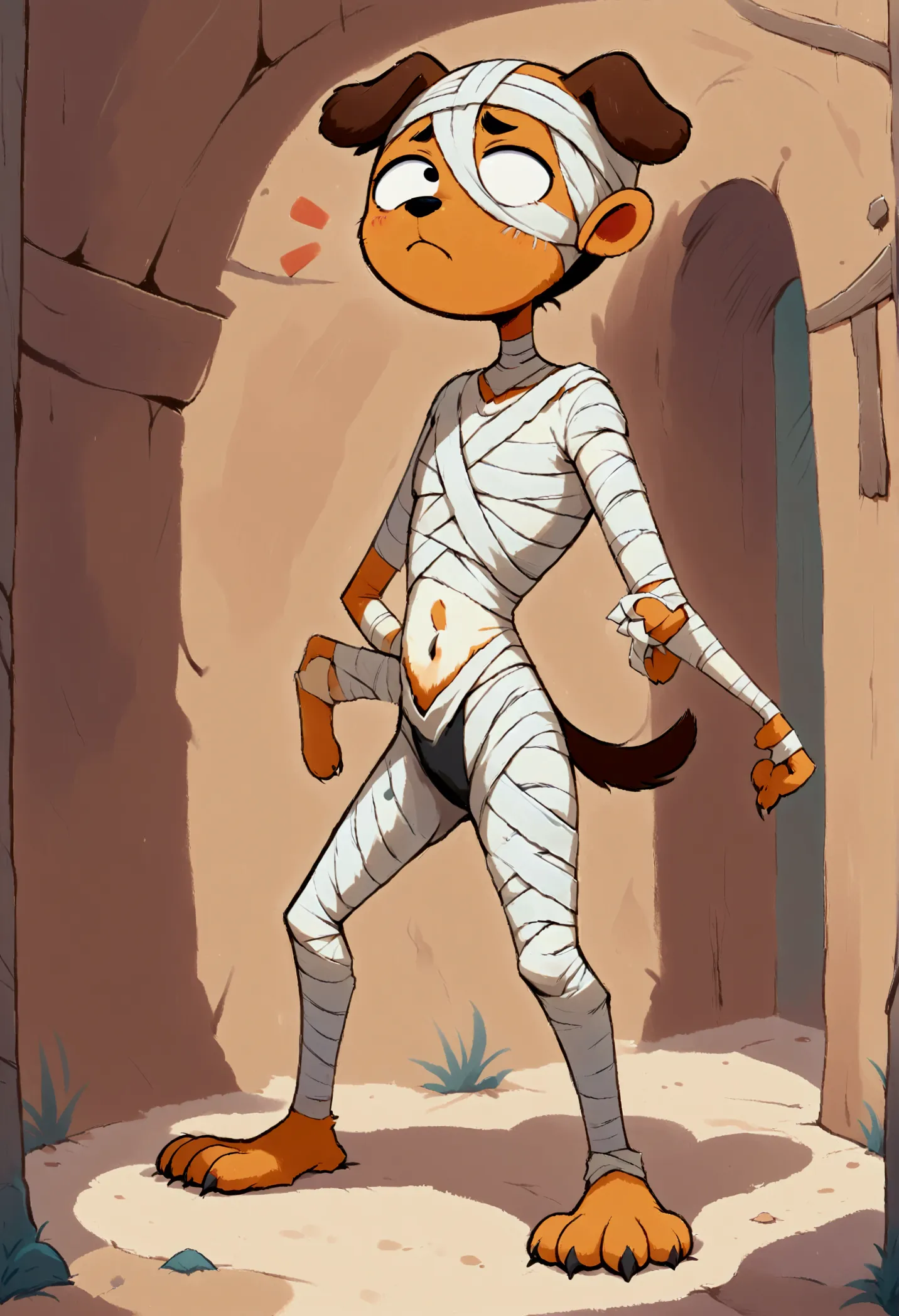 ((２D Manga  , 2D,  2D Illustration )), ( Human Mummy and Quadrupedal Dogs Mummy , (dog:Quadrupedal)), (The mummy man full body bandage:1.5, sandy beach, eye part visible The face is blackRound white eyes ), Notice your feet ,  expression you notice ,   Ful...