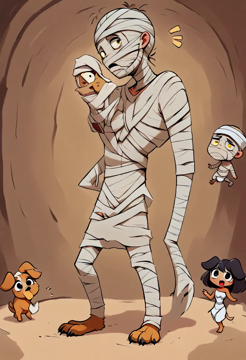 ((２d manga  , 2d,  2d illustration )), ( human mummy and quadrupedal dog's mummy , (dog:quadrupedal)), (the mummy man\ full body...