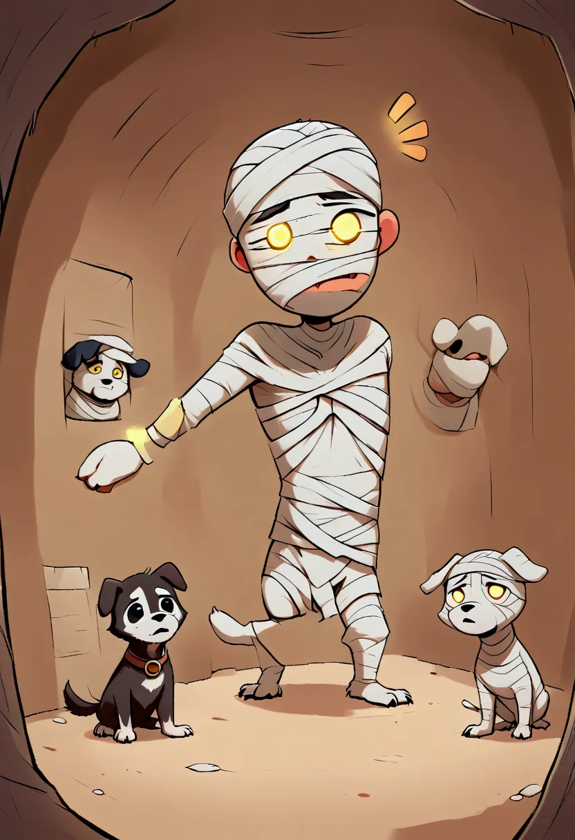 ((２d manga  , 2d,  2d illustration )), ( human mummy and quadrupedal dog's mummy , (dog:quadrupedal)), (the mummy man\ full body...