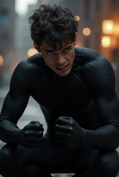 {
  "prompt": "A dramatic scene featuring Peter Parker, around 30 years old, in his black Spider-Man symbiote suit without the mask. His face shows deep anger and irritation, with intense eyes that reflect the influence of the symbiote. Peter’s posture is ...