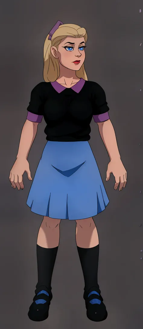 A  blonde , wearing a black sweater with pink details and a blue skirt (ELIZABETH AFTON DE FNAF)