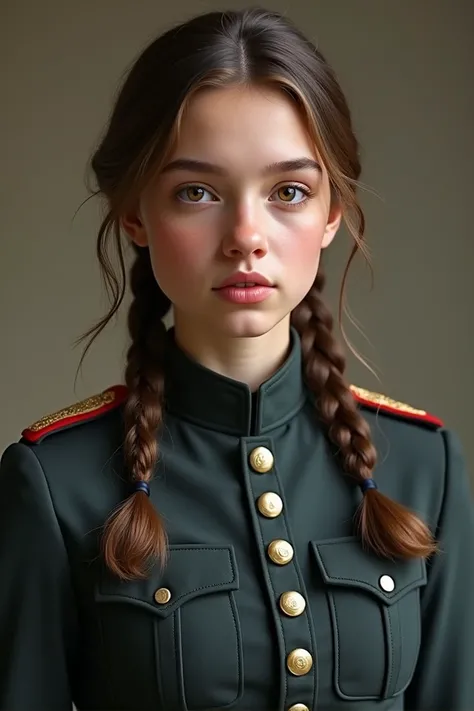 white skinned girl, brown hair tied in two braids, brown hair tied in one braids, full lips ,  skirt British military uniform,  full body  realistic footage 
