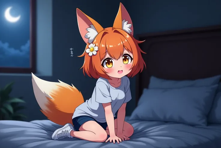  Short orange hair, fox ears, bald tail, golden eyes, playful smile, anime, Anime style, Angle, Lens glare, Shine,  Hair Flower,  Stick your tongue out, saliva,  better quality, solo, 1 girl, T-shirt and shorts, sneakers trying to sleep in a dark room on t...