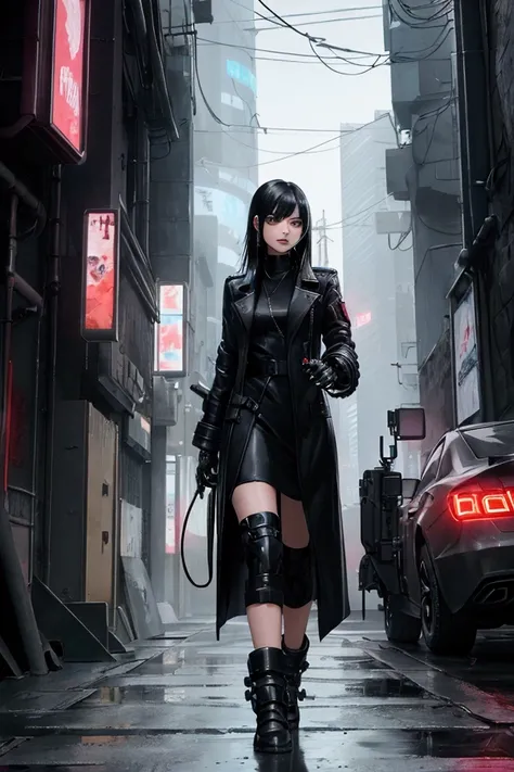 Girl with black hair dressing womens overcoat walking in cyberpunk city with  with metal arm and a cell phone in your hand