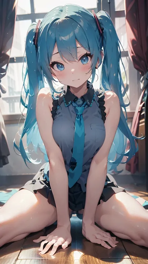 (((masterpiece、Ultra high definition、view from forward)))、Hatsune Miku、(((solo))), light blue hair、Twin tails、beautifil big blue eyes、Long eyelashes、shy 、blushing、sweating、Very beautiful appearance、Big tits、sexy body、Fair skin、(((Sitting on the floor,Sprea...