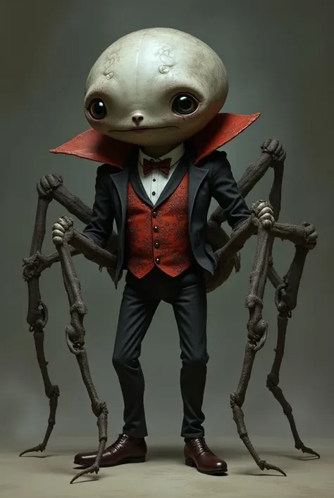  Draw a creature with a spider-like body ,  with several articulated legs ,  gray skin and a sturdy torso .  The creature has an expressive face with several eyes ,  wearing a decorated red vest and an elegant suit , with a bow tie .  His face is large and...