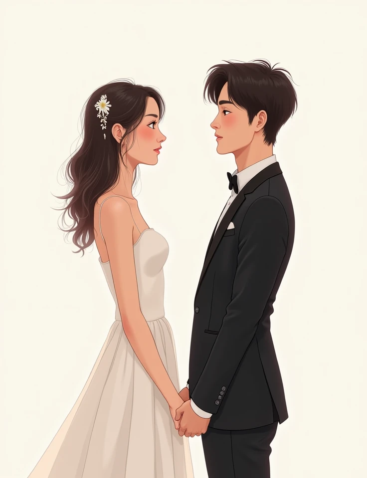 I want a Korean webtoon-style illustration of two people looking at each other, the boy looking at her and wearing a black suit, full to his shirt, and she wearing a demure white bride-type dress. 