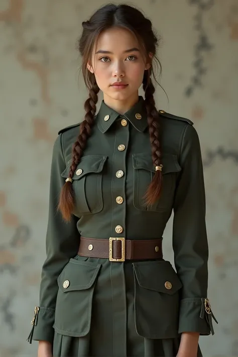 white skinned girl, brown hair tied in two braids, mini skirt brown hair tied in one braids, full lips , skirt British military uniform, full body realistic footage 
