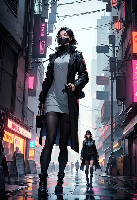 Girl with black hair dressing womens overcoat walking in cyberpunk city with  with metal arm and a cell phone in your hand