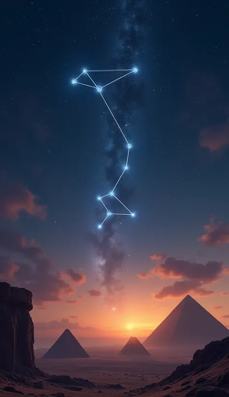 Orion constellation in the night sky rises above the horizon of Egypt