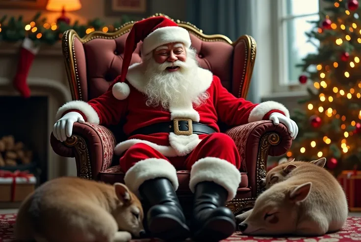  big smile、 Santa Claus in boots 、Sitting on a heavy chair 、 wrapped in soft light 、 three ren are sleeping at their feet
high resolution  , Best Quality, masterpiece, 