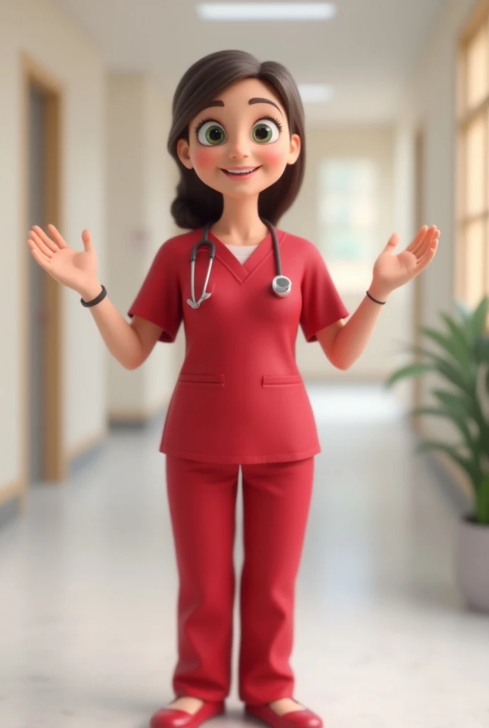 Do an animated 3D midwife from the front with your arms up, With red scrubs 