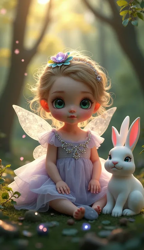 A human-faced baby with delicate, rosy skin and large, enchanting emerald-green eyes, filled with curiosity and innocence. They wear a soft, layered lavender and silver tulle dress with tiny, intricate pearls and crystals that catch light in a subtle shimm...